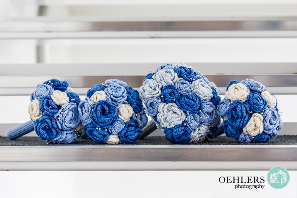 blue and white crocheted wedding bouquets