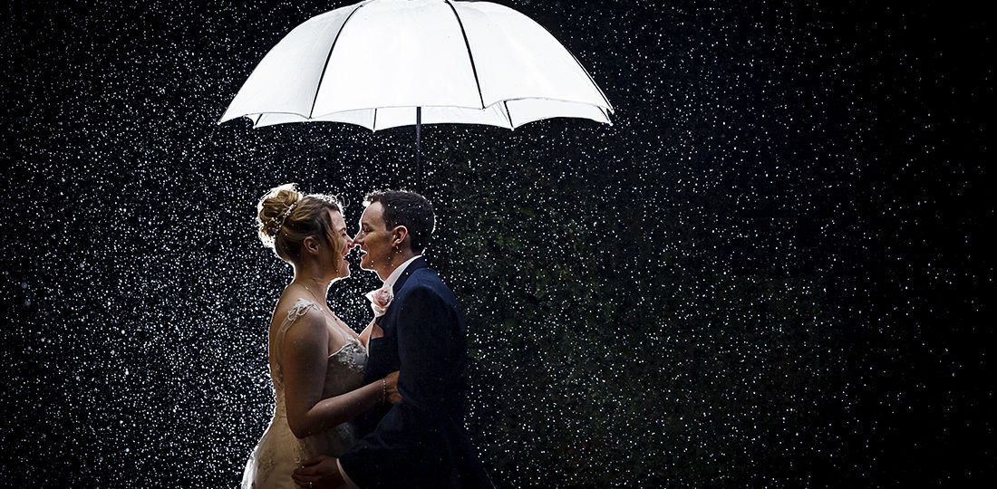 bride and groom in the rain