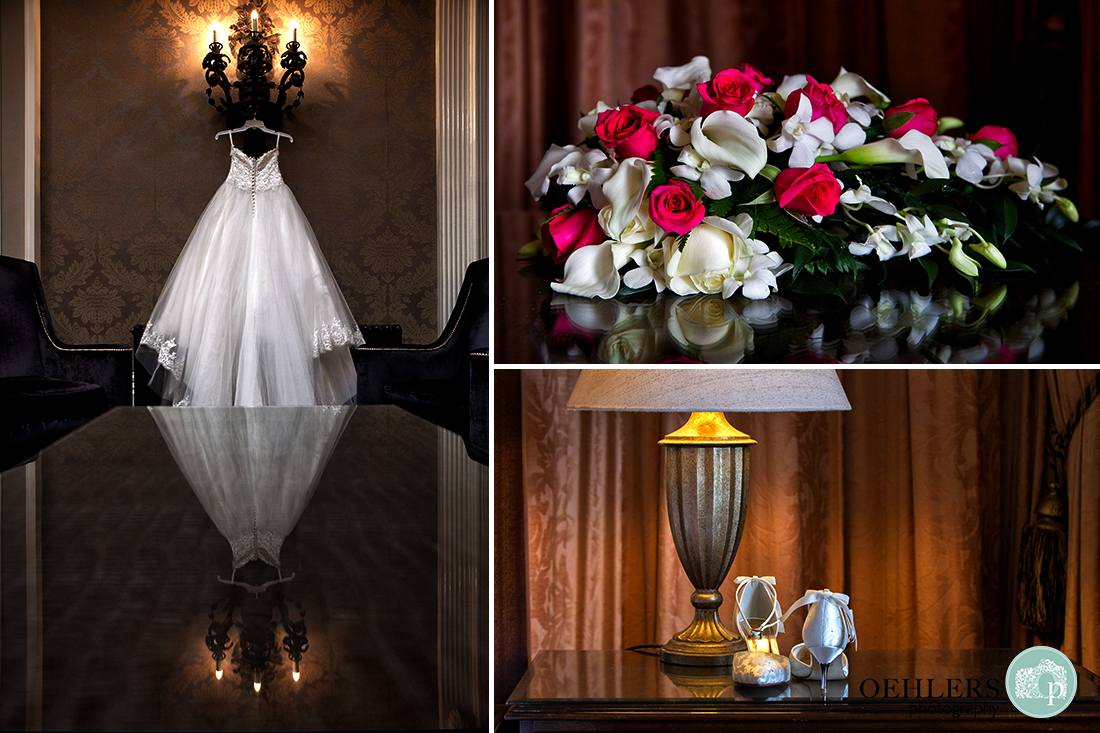 Montage of wedding dress hanging up and bridal bouquet and wedding shoes on a table.