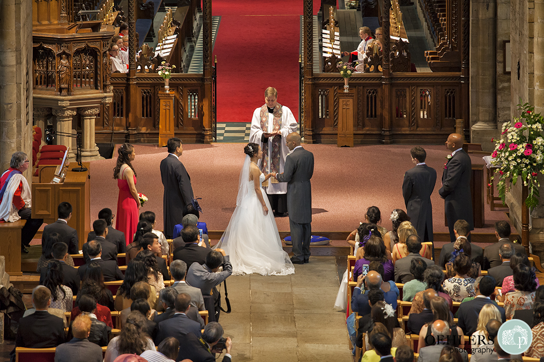 An aerial photograph of the bride and groom taking their vows.