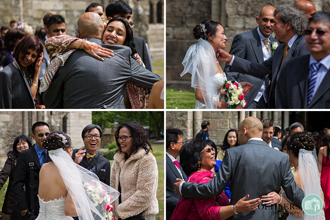 Montage of the wedding guests congratulating the bride and groom.