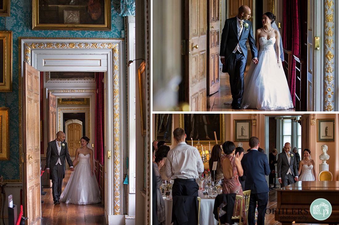 Bride and Groom walking through the corridoors of Castle Howard and entering their wedding breakfast room.