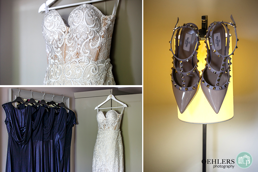 Montage of the Bride's and bridesmaids' gorgeous dresses hanging up plus Valentino wedding shoes on lamp stand.