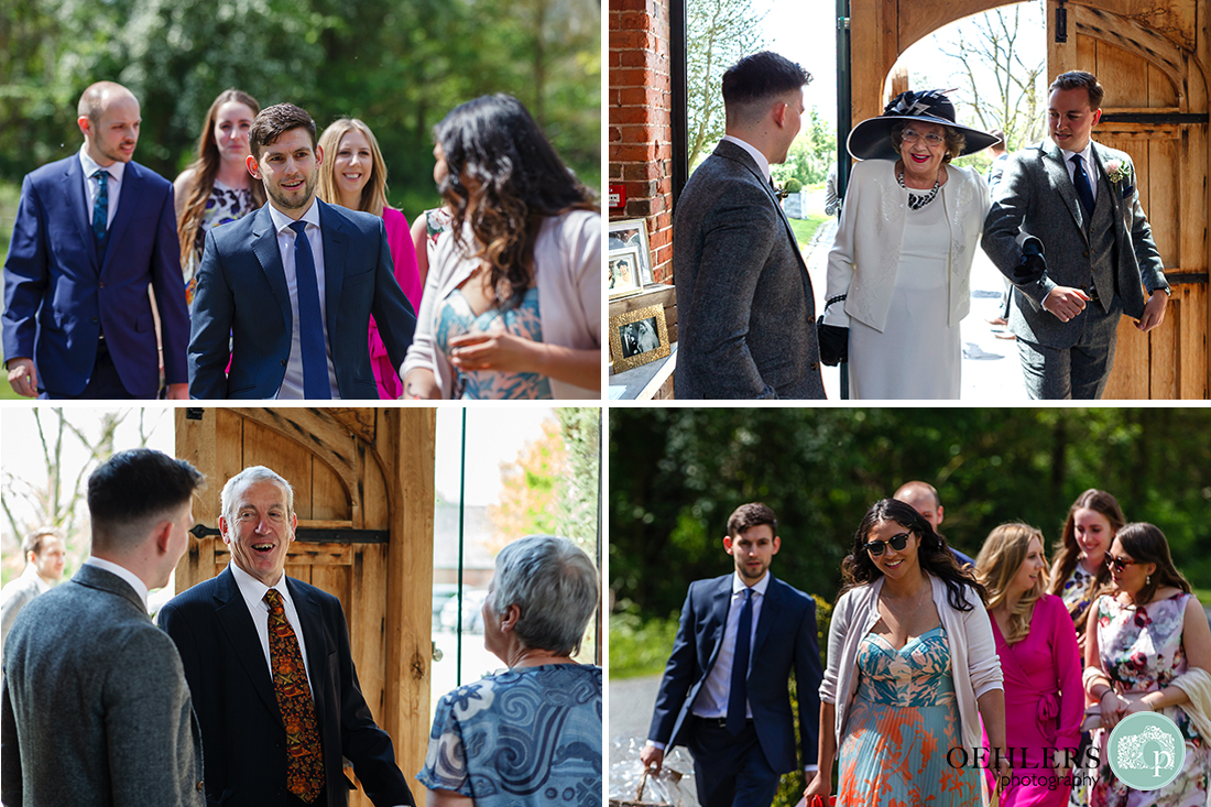 Montage of ushers greeting wedding guests arriving in sunshine at entrance to Shustoke Barn.