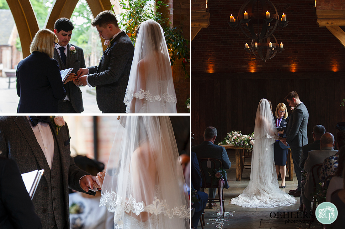 Shustoke Barn Wedding Photographers-Montage of groom taking rings from bestman and the ring ceremony.
