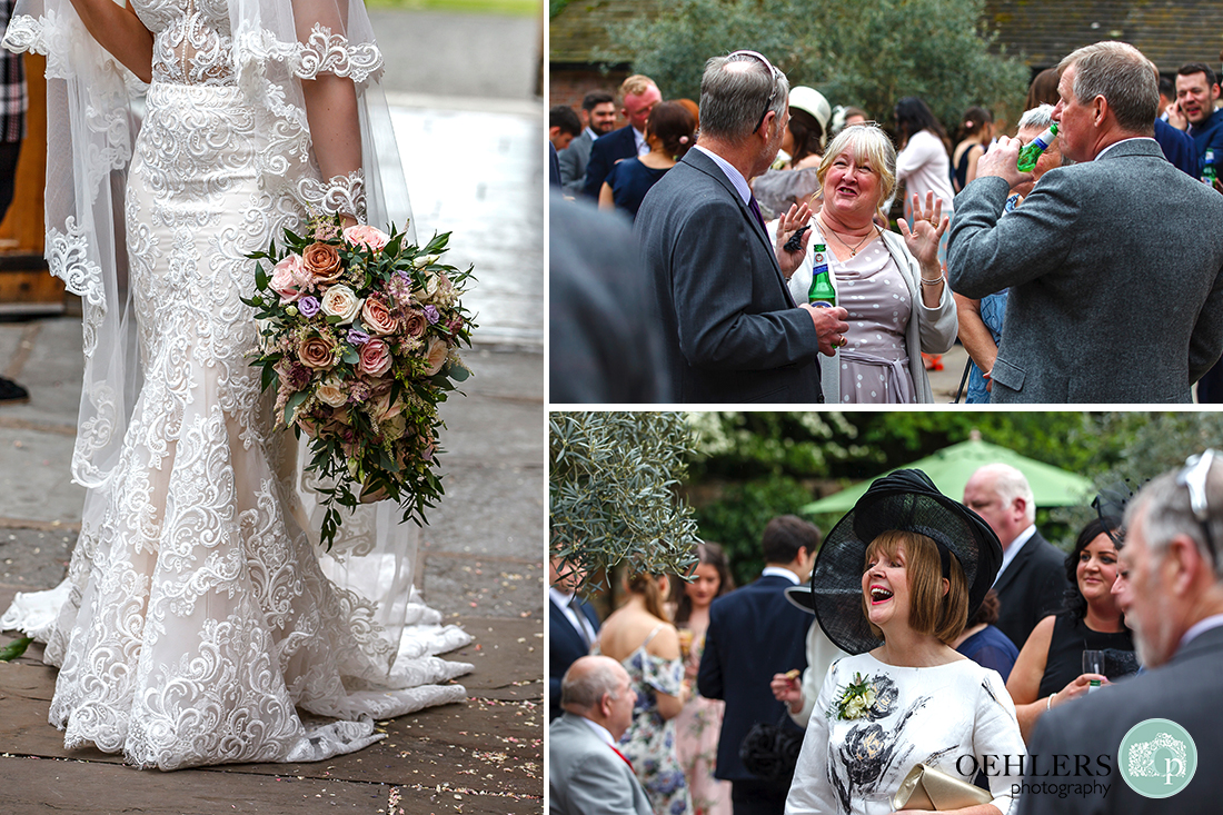 Shustoke Barn Wedding Photographers-Montage of detailed shot of bride's wedding dress and fantastic bouquet and guests mingling post-ceremony.