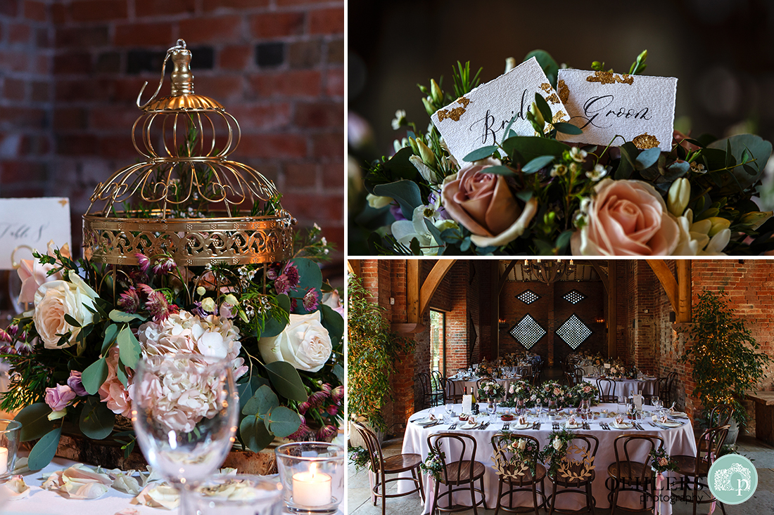 Shustoke Barn Wedding Photographers-Montage of close-ups of the table decorations and of the wedding breakfast room.