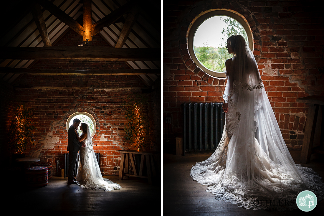 Shustoke Barn Wedding Photographers-Montage of semi-silhouetted bride and groom and bride standing in front of porthole window.