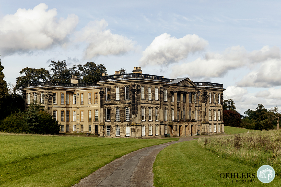 photography of Calke Abbey looking down the driveway.