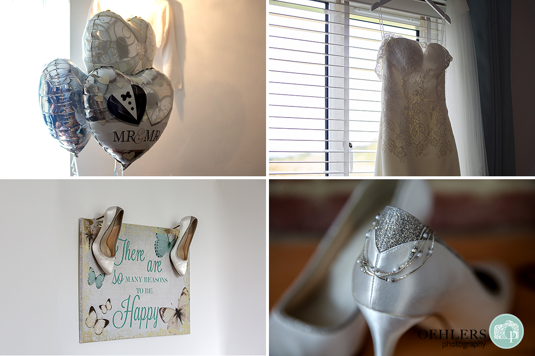 photographs of the wedding dress, shoes, jewellry and balloons