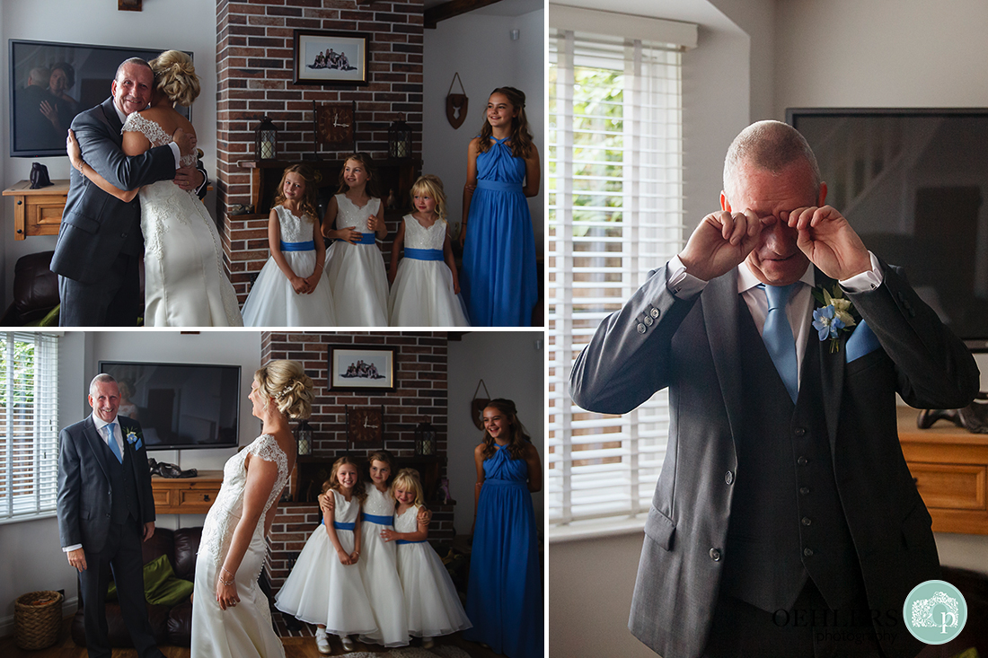 emotional reaction of the dad and bridemaids as the bride presents herself for the first time in front of them