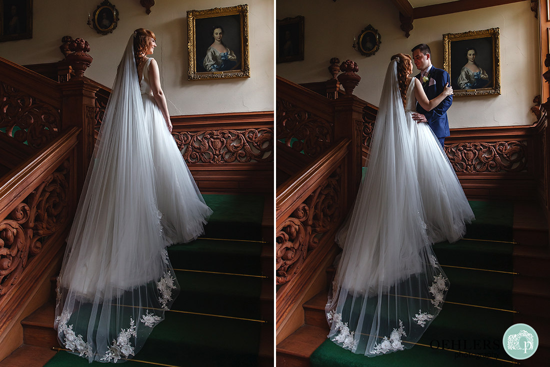 Collage of bride and groom on the staircase in Thrumpton Hall.