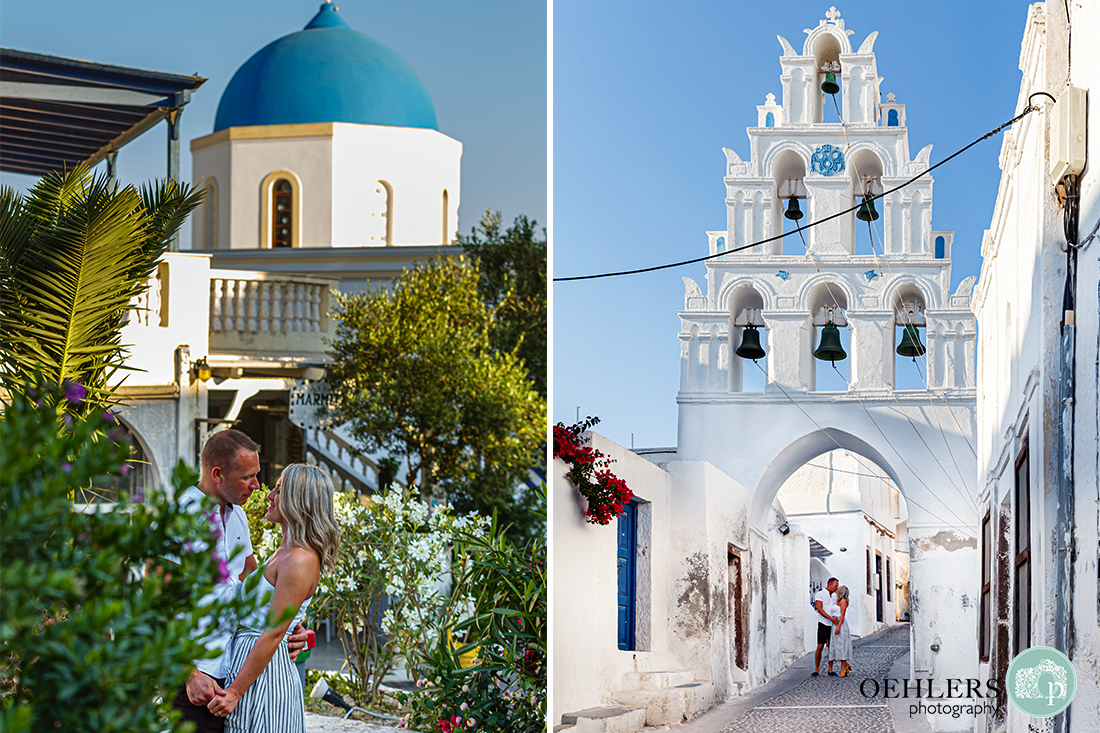 Two romantic photographs of the couple with iconis Santorini blue domed church and bell tower in Megalochori Village.