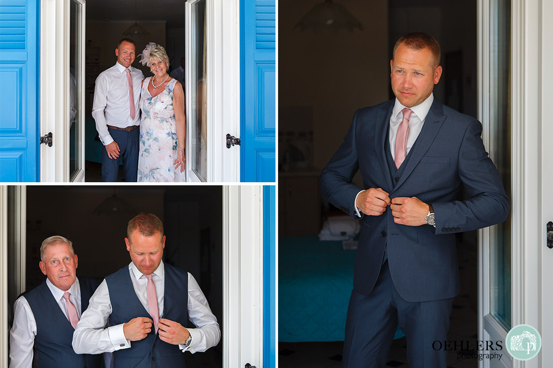 Three photographs of the groom getting ready with his parents.