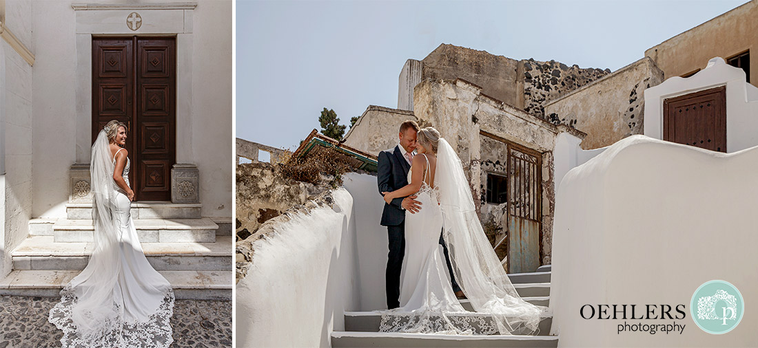 Bride and groom posing in Megalochori Village.