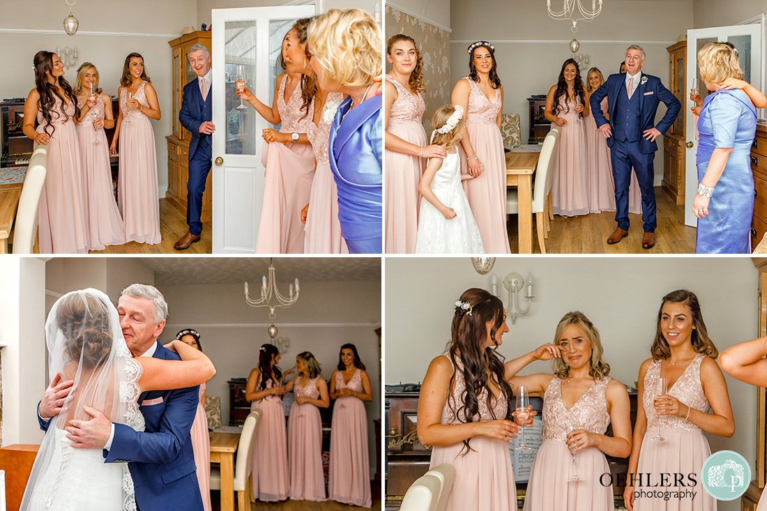 Osmaston Park wedding photography - Four images of dad's reaction to seeing the bride for the first time in her dress.