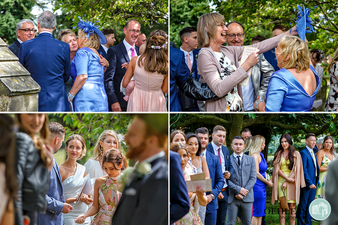 Osmaston Park wedding photography - guests lining up for the confetti outside the church.