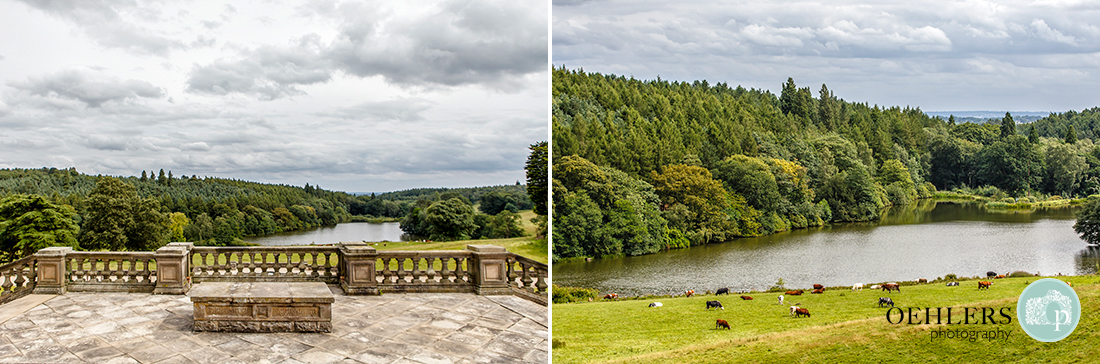 Osmaston Park wedding photography - views over the balustrades to the lake and woodland below.