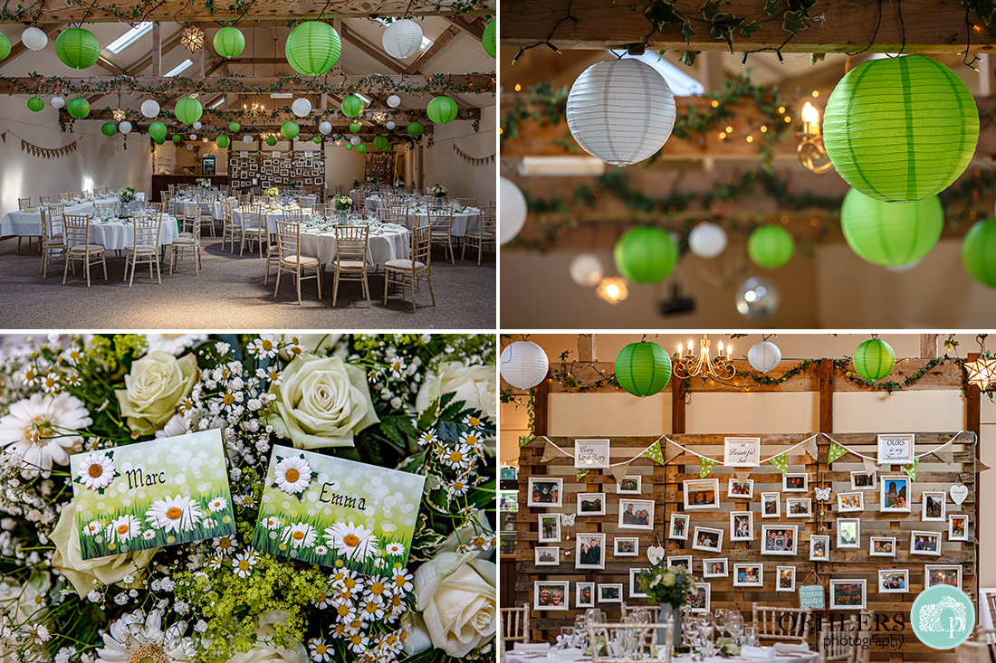 Images of the interior decor of the wedding breakfast room.